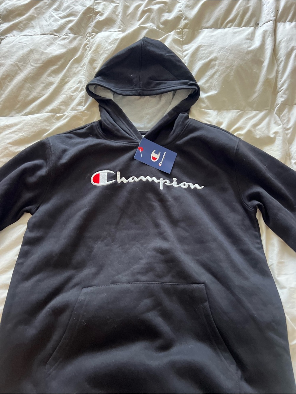 Champion Black Hoodie with White Script and Red Logo